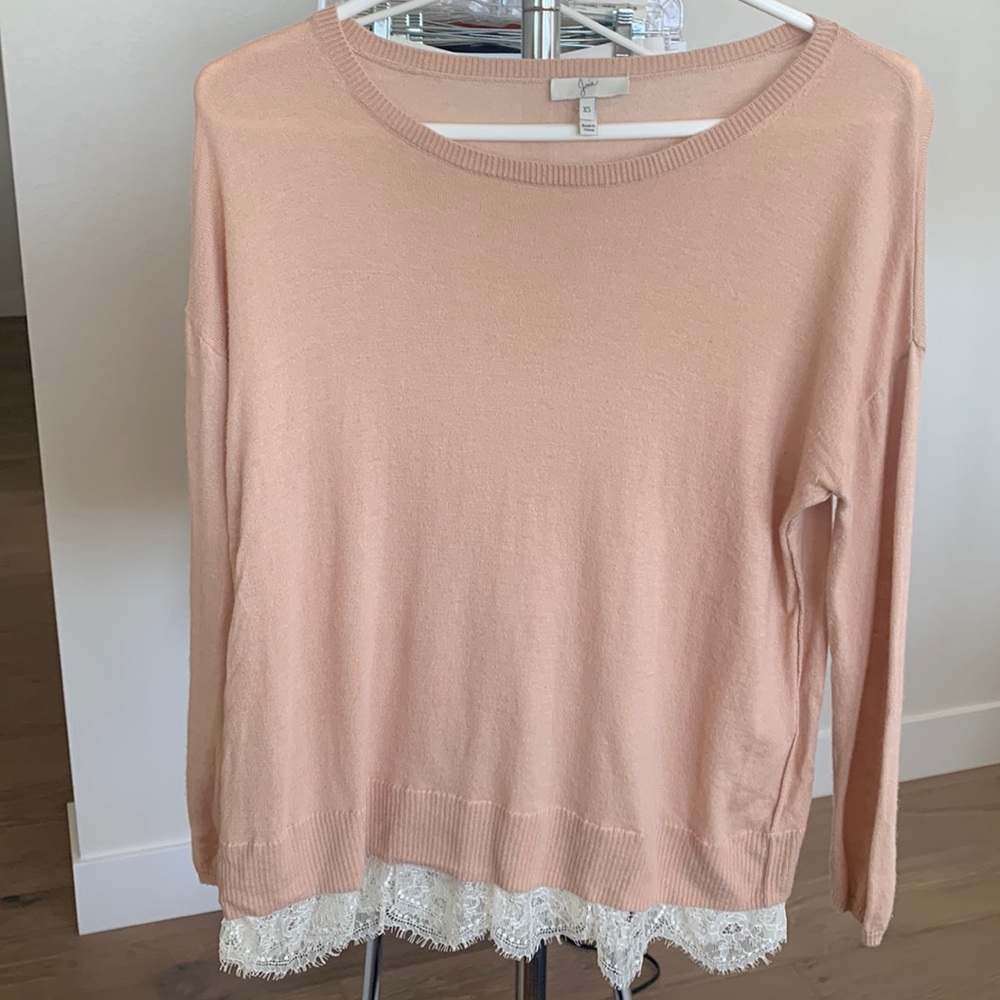 Joie Pale Pink Sweater with White Lace Bottom Hem Womens Size XS